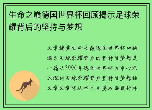 生命之巅德国世界杯回顾揭示足球荣耀背后的坚持与梦想