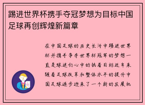 踢进世界杯携手夺冠梦想为目标中国足球再创辉煌新篇章